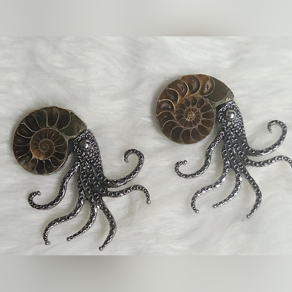 Ammonite Fossil Shell Octopus Brooch | Nautical Statement Pin | Ocean Gothic Jew - Picture 3 of 9